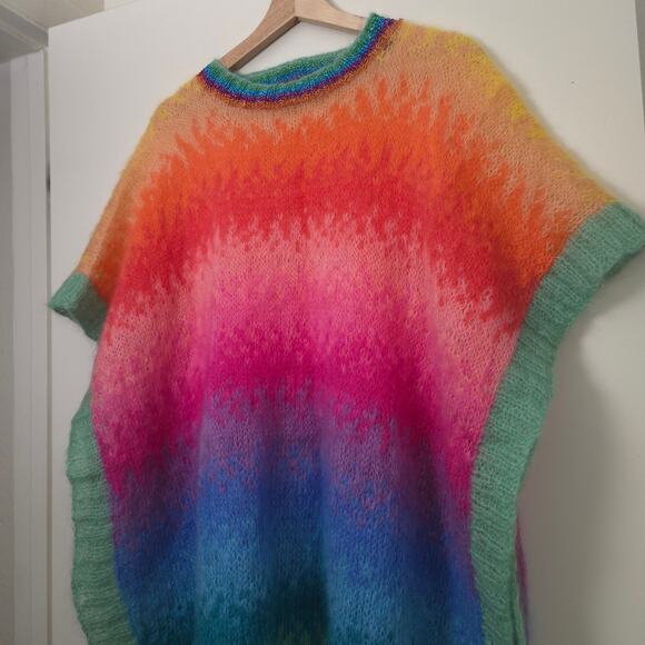 Rose Carmine Mohair Wool Sweater Poncho OS Tie Dye Rainbow Fall Winter - Picture 7 of 8